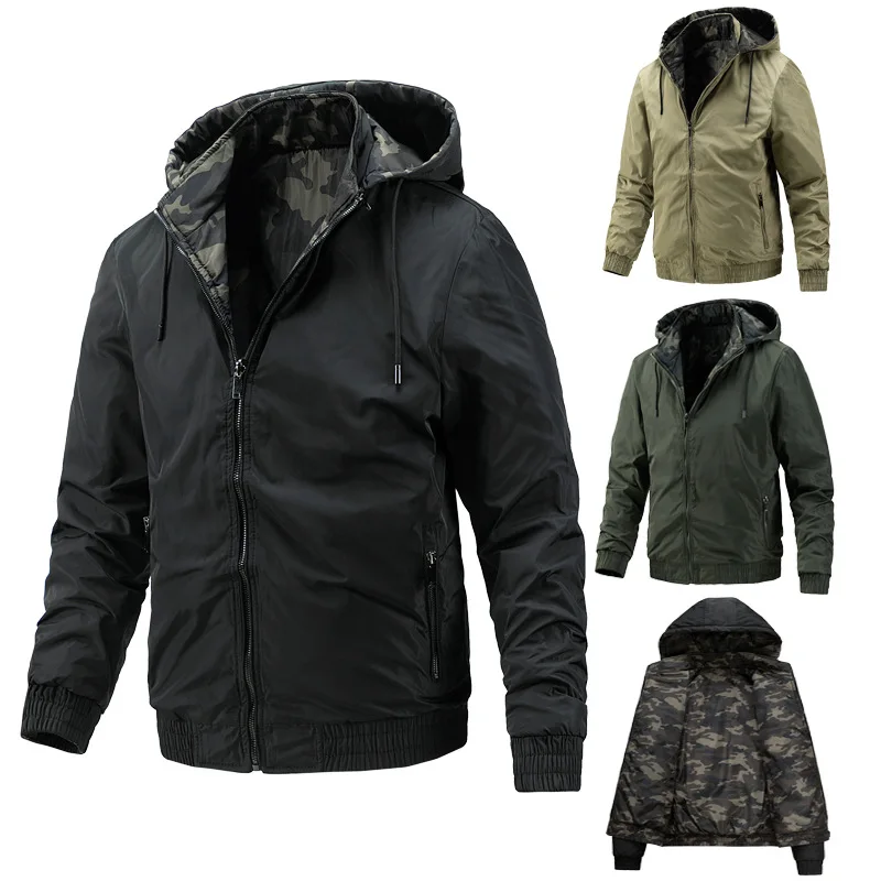 Autumn Winter Men's Detachable Hooded Jacket Reversible Wear Thick Warm Jacket Outdoor Hiking Windbreaker Coats
