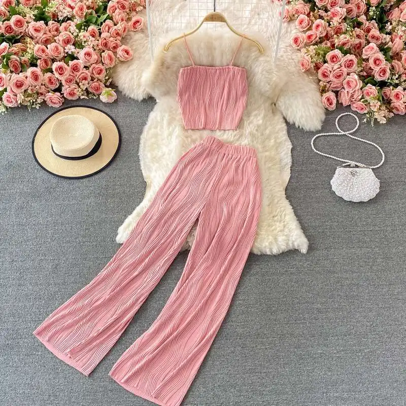 

Women Summer Fashion Pants Set Spaghetti Strap Short Tops & High Waist Long Pants Two Piece Suits