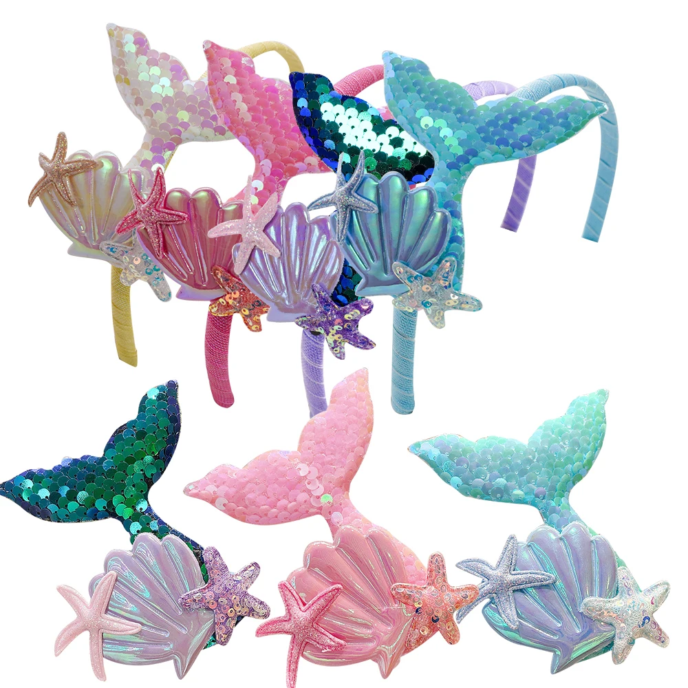 

1pc Mermaid Tail Sequin Headband Girl's Cross Hair Band for Mermaid Themed Wedding Supply Kids Birthday Hair Decorations