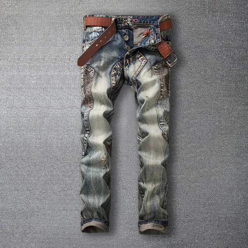 

High Street Retro Locomotive Jeans Hip Hop Men Stretch Slim Jean Fall Designer Jean Men Motorcycle Patchwork Fashion Brand Jean