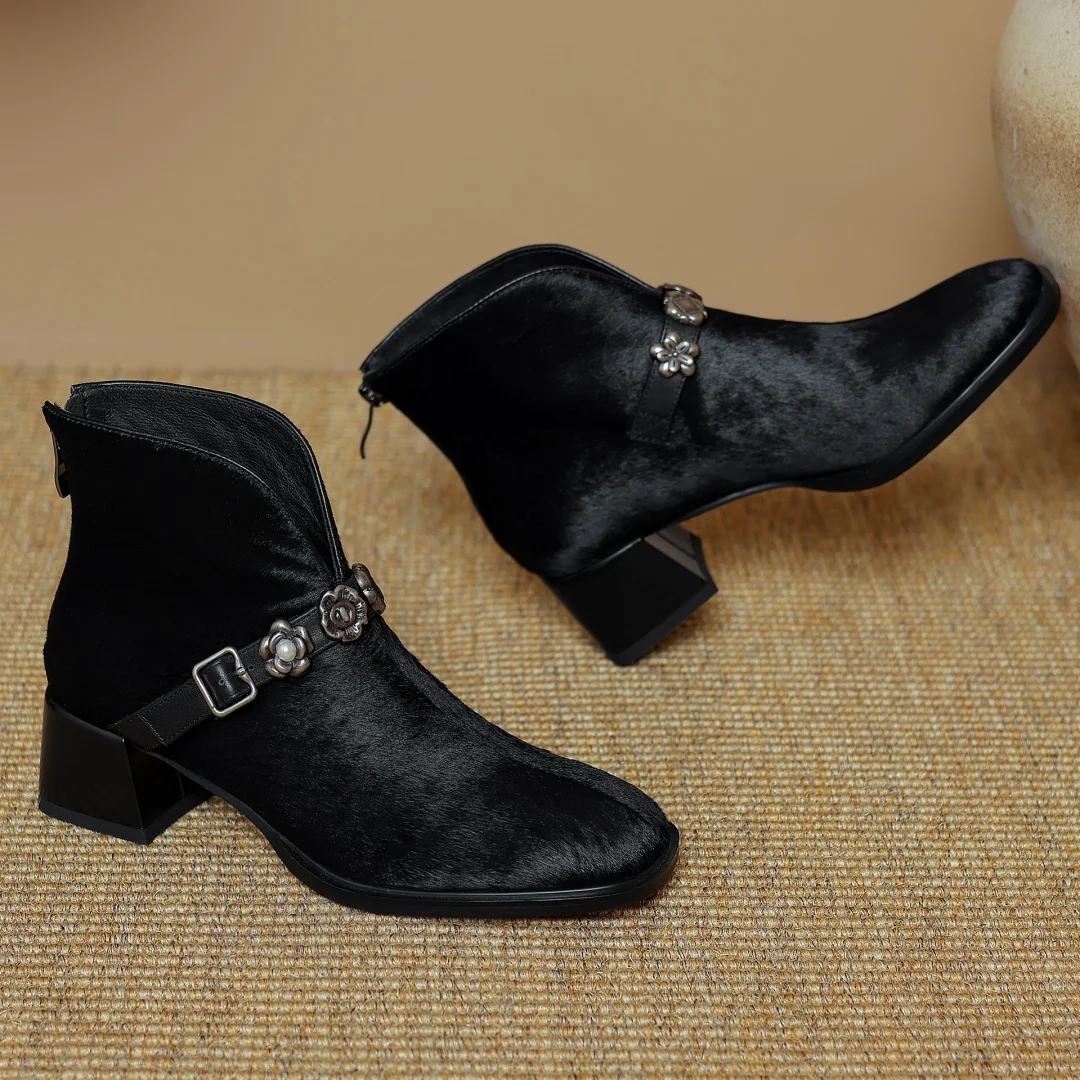 Женские осенние ботильоны из конского волоса с металлической пряжкой и молнией
