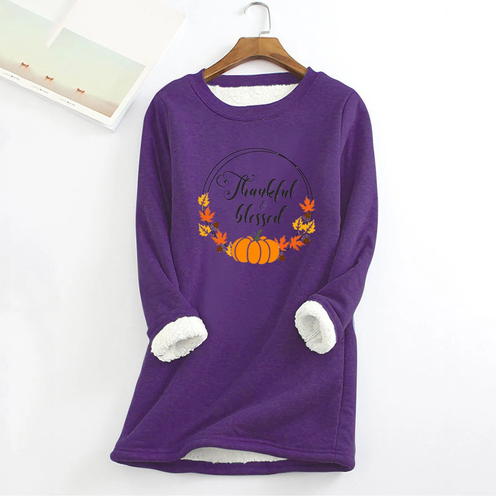 

Women Casual Thanksgiving Print Shirt Thick Fleece Sweatshirt Winter Round Neck Warm Soft Women's Fleece Lined Sweat Jacket