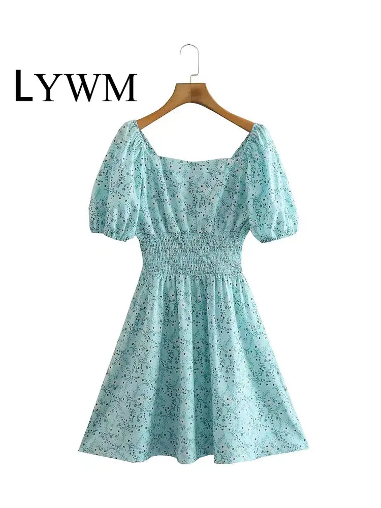 

Модное женское мини-платье LYWM с принтом и эластичной талией, винтажные женские шикарные платья с квадратным воротником и короткими рукавам...