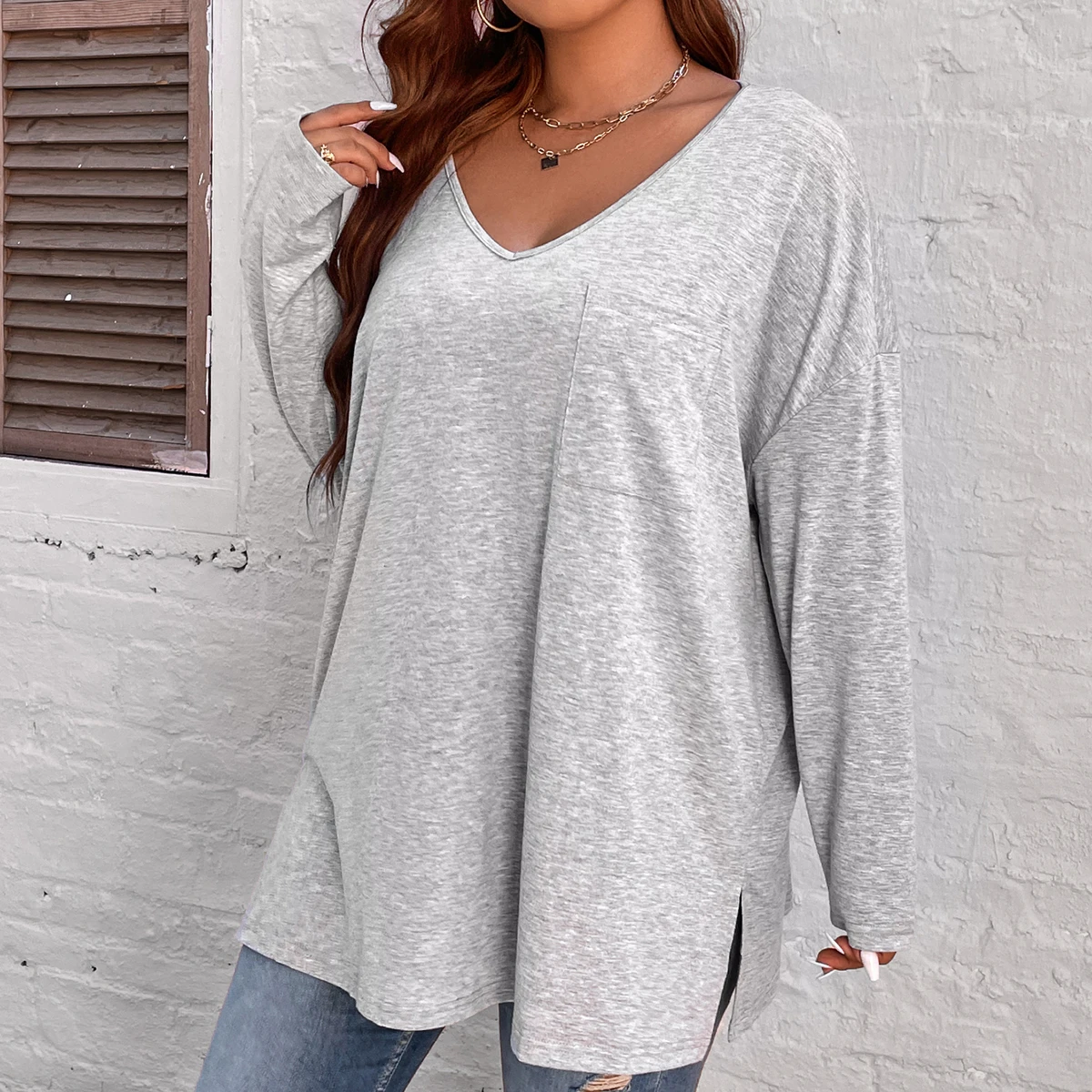 Large Plus Size 4xl Tops Women Autumn Summer 2022 Grey Solid Blouse Pocket Long Sleeve V Neck Loose Oversized Ladies T-shirts