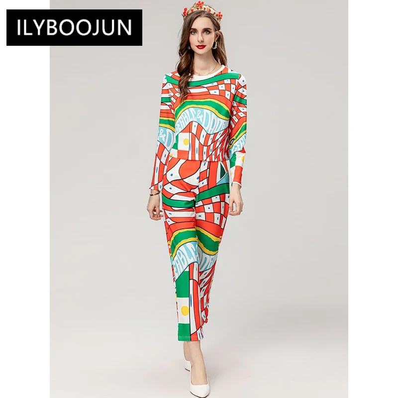 

2023 Luxury Brand High Quality Autumn Suit Women O-Neck Long Sleeve Pullover Tops + High Waiste Pencil Pants Print Two-Piece Set