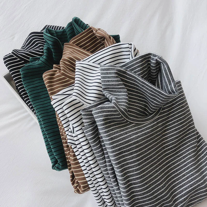 

Turtleneck Striped Plush Women T-shirt Autumn Winter Long Sleeve Thick Soft Basic Bottoming Tops Female