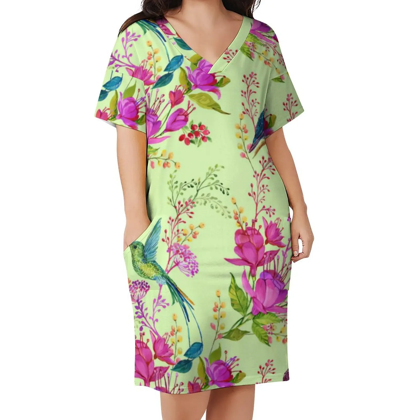 Hummingbird Flower Dress Short Sleeve Botanical Art Cute Dresses Lady Street Fashion Pattern Casual Dress With Pockets Plus Size