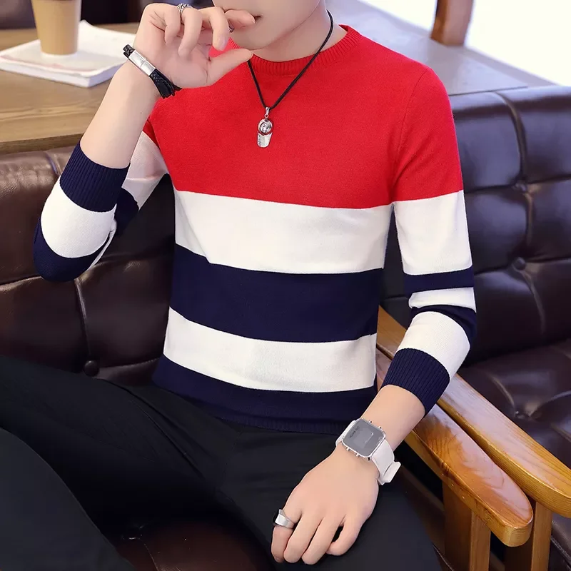 

2023NEW sale men's sweater 2022 Spring Autumn new students South Korean Slim youth striped sweater red and black two colors