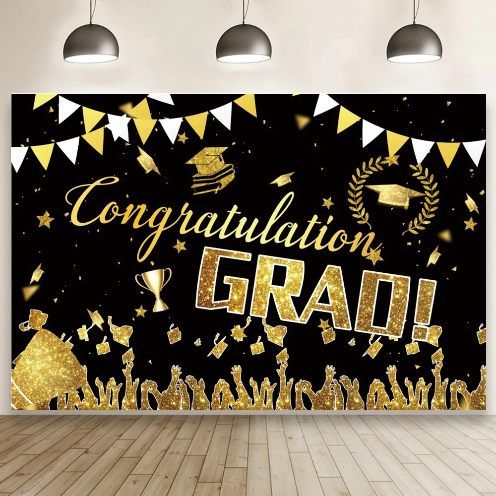 

Congratulation Grad Graduation Party Decoration Poster Bachelor Cap Gold Balloon Polka Dot Black Photography Backdrop Background