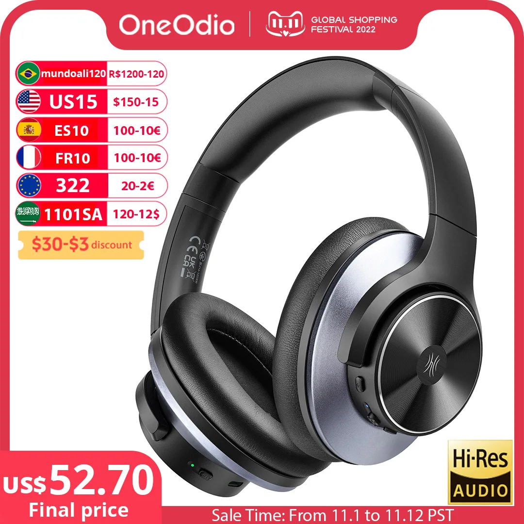  Oneodio A10 Hybrid Active Noise Cancelling Headphones With Hi-Res Audio Over Ear Bluetooth Wireless Headset ANC With Microphone 