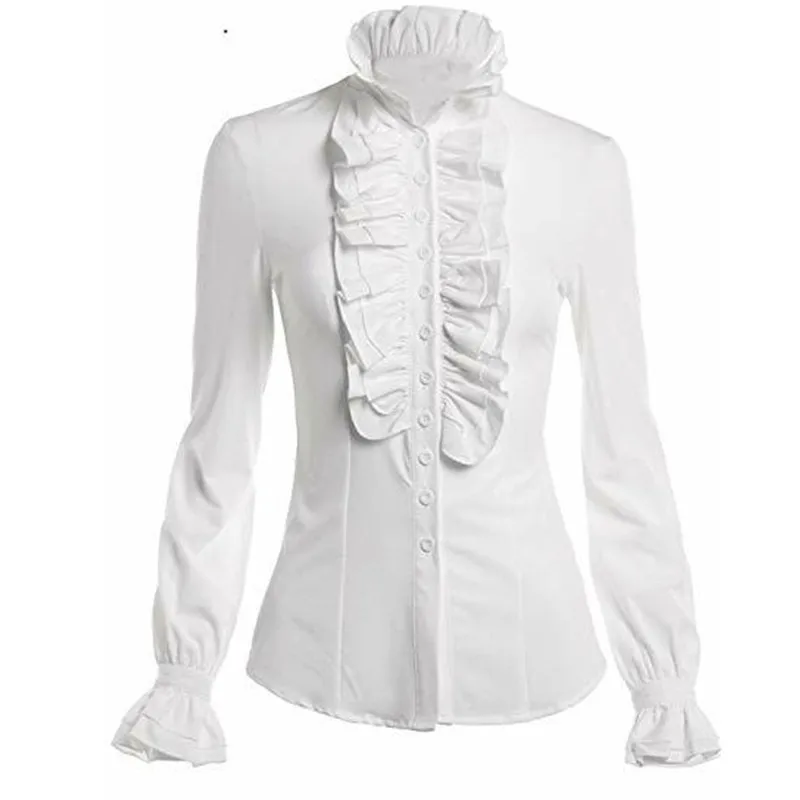 

Модная женская офисная белая рубашка в викторианском стиле, рубашка с высоким воротником, рюшами и манжетами, женская блузка с манжетами, осенняя блузка