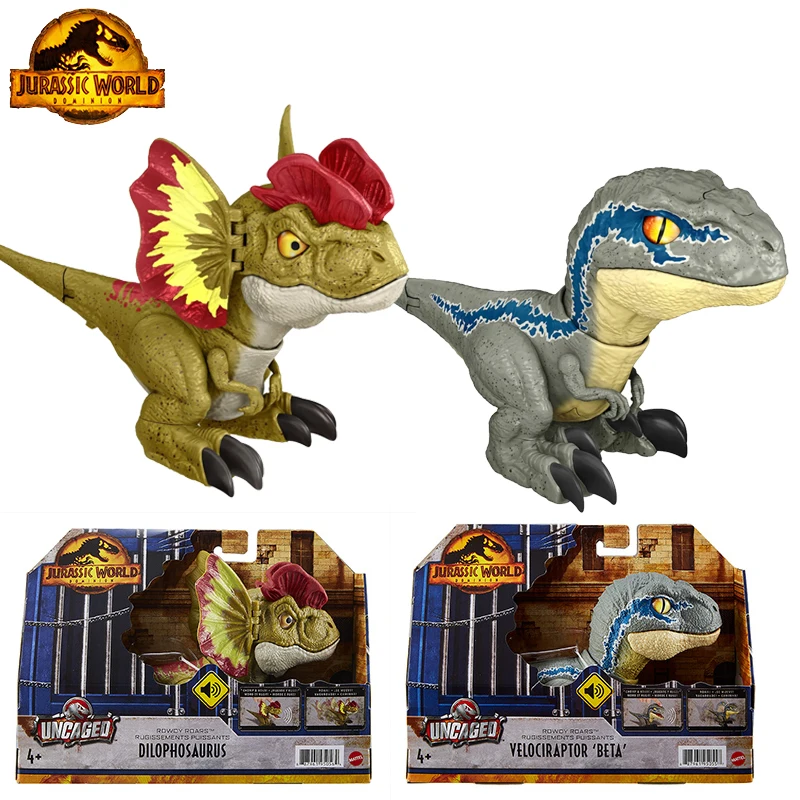 Original Mattel Jarassic World Dinosaur Action Figure Uncaged Rowdy Roars Velociraptor Anime Beta Dilophosaurus Toys for Boys