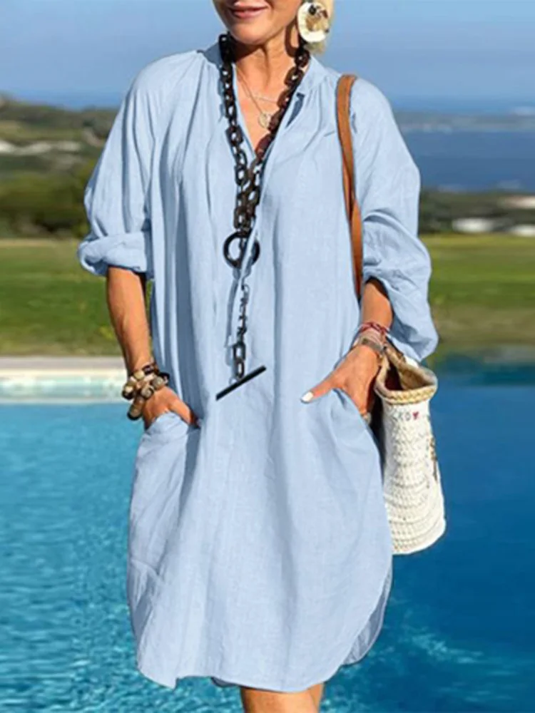 

Women Casual Solid Color Loose V Neck Beach Dress Lady Long Sleeve Pullover Dress New Summer Cotton Linen Holiday Dress 2022