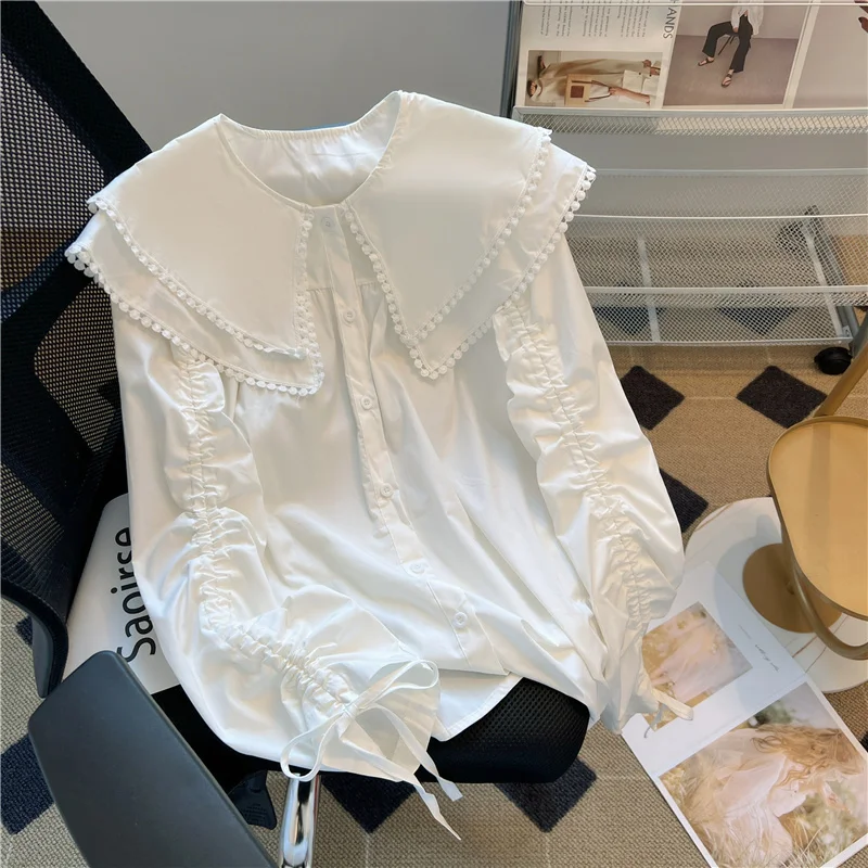 

Новинка весенняя одежда 2023, двухслойная рубашка с длинными рукавами и воротником-куклой, дизайнерская свободная универсальная блузка с завязками, трендовая рубашка
