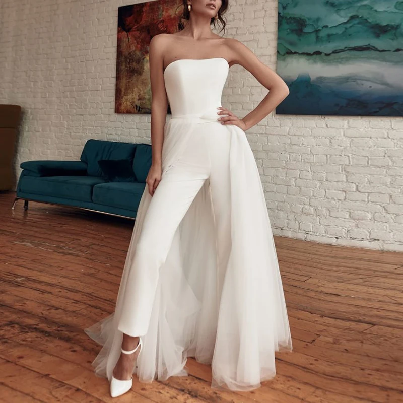 2022 Strapless Beach Jumpsuit Wedding Dress with Detachable Solid Party Clothing A-Line Backless Simple Bridal Gown Pants