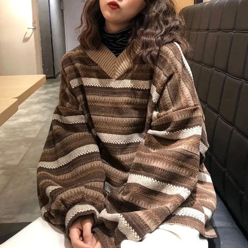 

Striped Knitted Sweaters Women Oversized V Neck Autumn Winter Vintage Thick Warm Jumpers Harajuku Loose Casual Pullover Tops