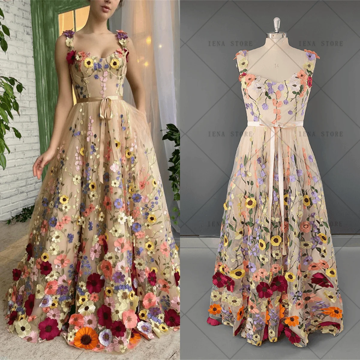 

14655#Moroccan Modern Prom Party Dress A-line 3D Flower Spaghetti Straps Tulle Appliques Evening Dress Robe De Soiree Women Gown