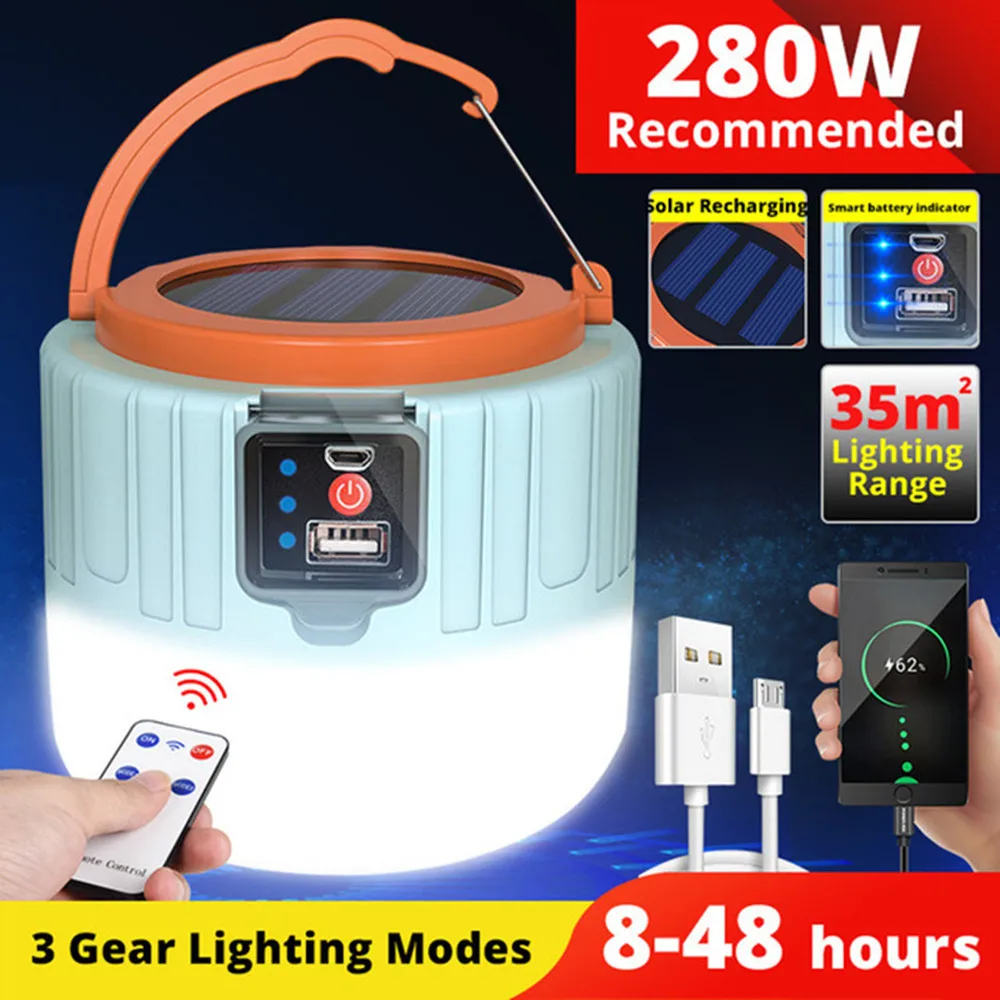 Portable High Power Led Light Flashlight Camping Equipment Solar Charging Lantern USB Bulb Camping Tent Lamp Lighting Waterproof