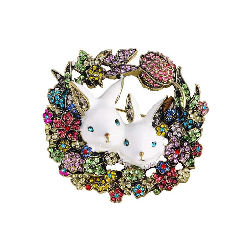 

Vintage Lovely Full Rhinestone Rabbit Brooches Women Enamel Crystal Animal Flower Brooch Pins Clothes Coat Accessories Jewelry