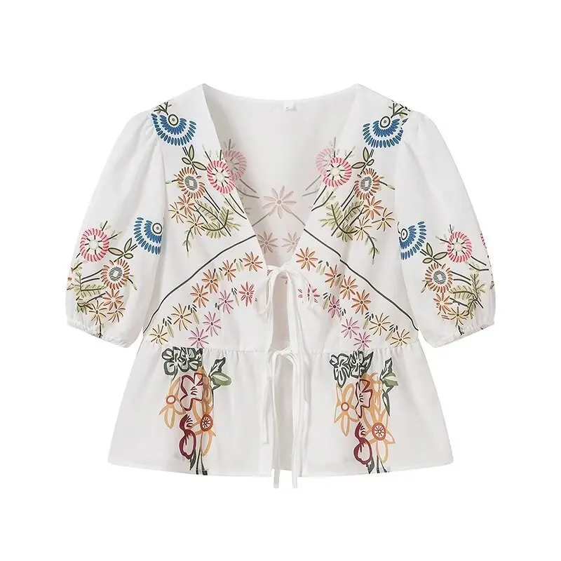 Модная рубашка с V-образным вырезом и принтом на шнуровке коротким рукавом для