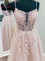 light pink lace appliques spaghetti strap prom dresses long floor length cross back corset back tulle evening gown elegant party