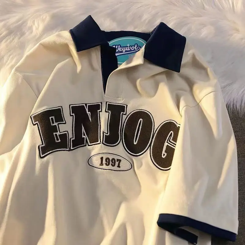 

2022 летняя рубашка-поло с надписью, Женская Повседневная футболка, футболка для девочек, Винтажная футболка с коротким рукавом, футболка ове...