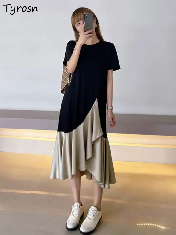 

Dresses Women Patchwork Design Fashion Simple Summer Casual Daily Folds Tender Loose Elegant Sweet Midi Korean Style Temperament