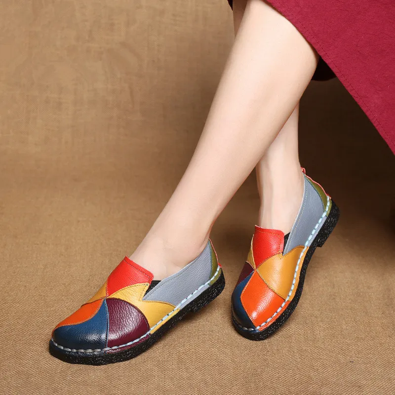 Women's Soft Flat Single Women's Leather Flats Color Stitching Walking Shoes Comfortable Casual Loafers  Size 35-42