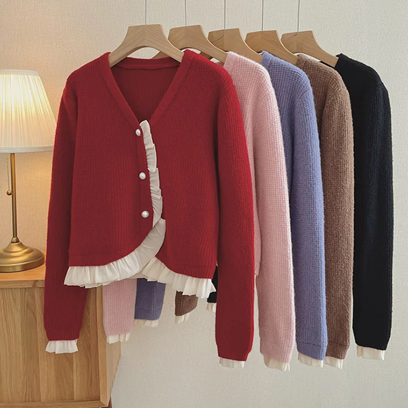 

Women's Sweaters 2022 Autumn Korean Vintage V-neck Pearl Button Ruffled Patchwork Pink Cropped Cardigan Long Sleeve Knitted Coat
