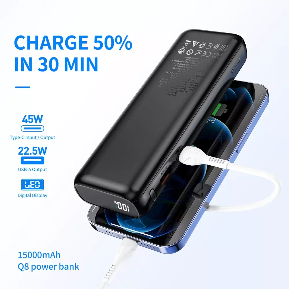 

HOCO 45W Power Bank 15000mAh Fast Charge PD QC 3.0 SCP AFC Powerbank For iPhone 13 12 iPad Laptop External Battery for Xiaom 12