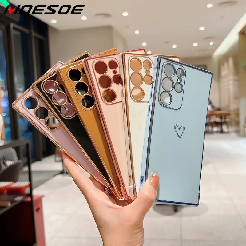 

For Samsung Galaxy A52 A52s 5G A53 5G S22 Ultra S21 S20 FE Plating Cute Heart Silicone Case Shockproof Lens Protection Cover