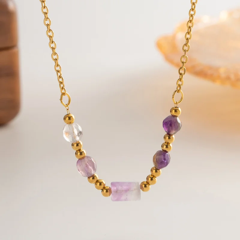 

Minar Charming Purple Natural Stone Cubes Beaded Necklace 18K Gold Stainless Steel Tarnish Free Chokers Necklaces for Women Gift