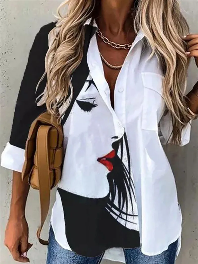 

2022 New Fashion Floral Print Long Casual Collar Button Pocket Loose Female Shirt Tops Elegant Woman Shirt Sleeve Blouse
