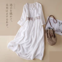 solid 100 cotton vintage harajuku embroidery women dresses spring fall chic o neck wrist sleeve mid calf dress white clothes