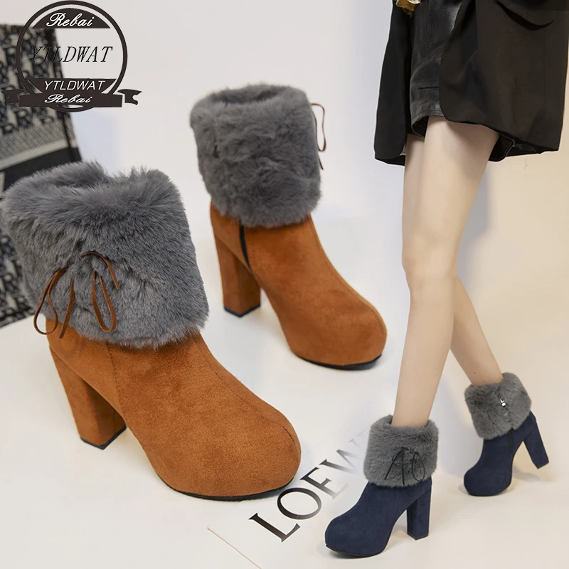 

YTLDWAT Square Heels Ankle Boots Women Platform With Zipper High Heel Winter Warm Plush Faux Fur Shoes Bow Chunky Sole Snow33-43