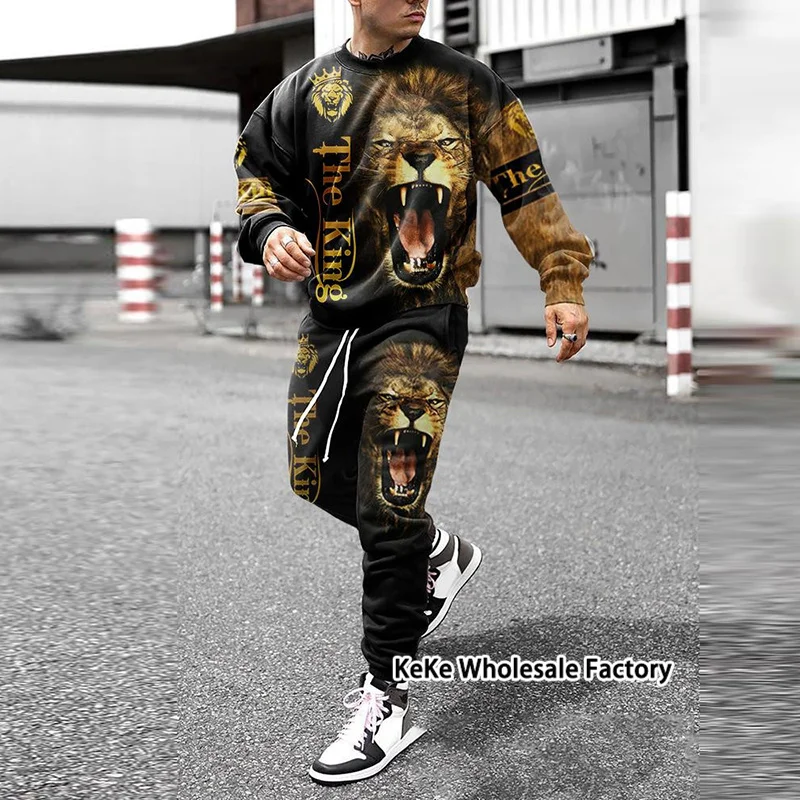 New Fashion Men's 2-Piece Tracksuits Design Style Streetwear Lattice Printed Set Long Sleeve Suit Summer Casual Trousers Outfits