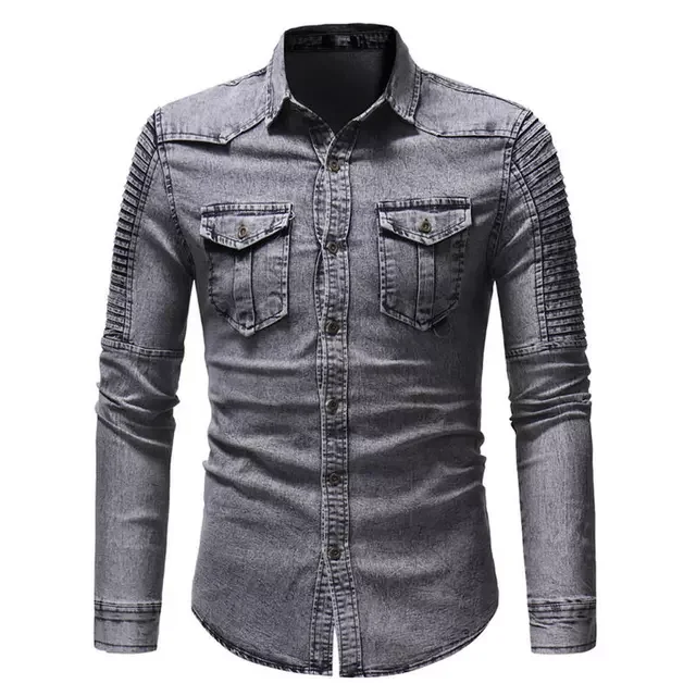 

3XL Spring Autumn High Quality Denim Shirt Men Casual Long Sleeve Fit Slim Personality Pocket Black Blue Shirt
