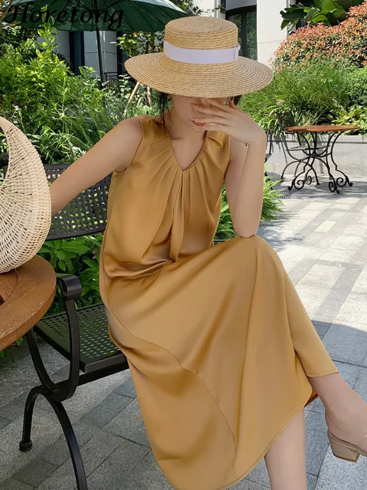 

Horetong Korean Folds V-neck Sleeveless Tank Dresses Summer New Women Midi Dress Satin Causal Solid Loose Vestido De Mujer