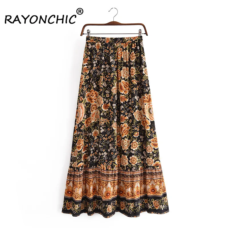 

RAYONCHIC Vintage Black Print Skirts Casual Women Summer Beach Saia Rayon Cotton Maxi Hippie A-line Skirt Boho Fadal Mujer Skirt