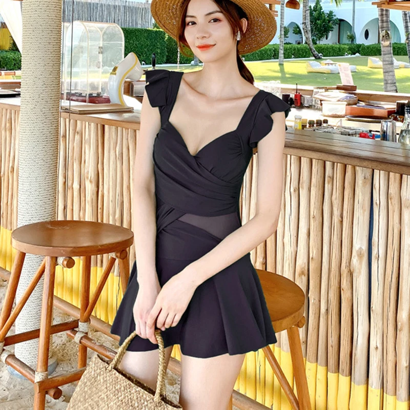 Цельный купальник корейский женский однотонный купальный костюм сексуальный