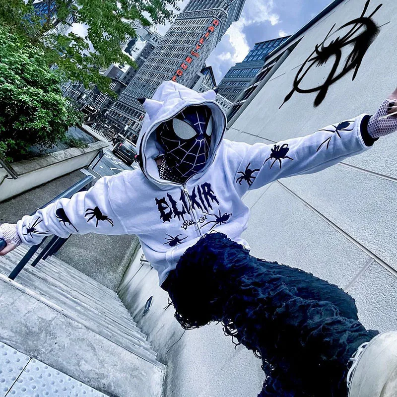 

Черная толстовка с капюшоном Spider Web, свитшот на молнии, теплая одежда в стиле Харадзюку, панк, гранж Y2k, Женская толстовка, худи, куртки, весенняя одежда