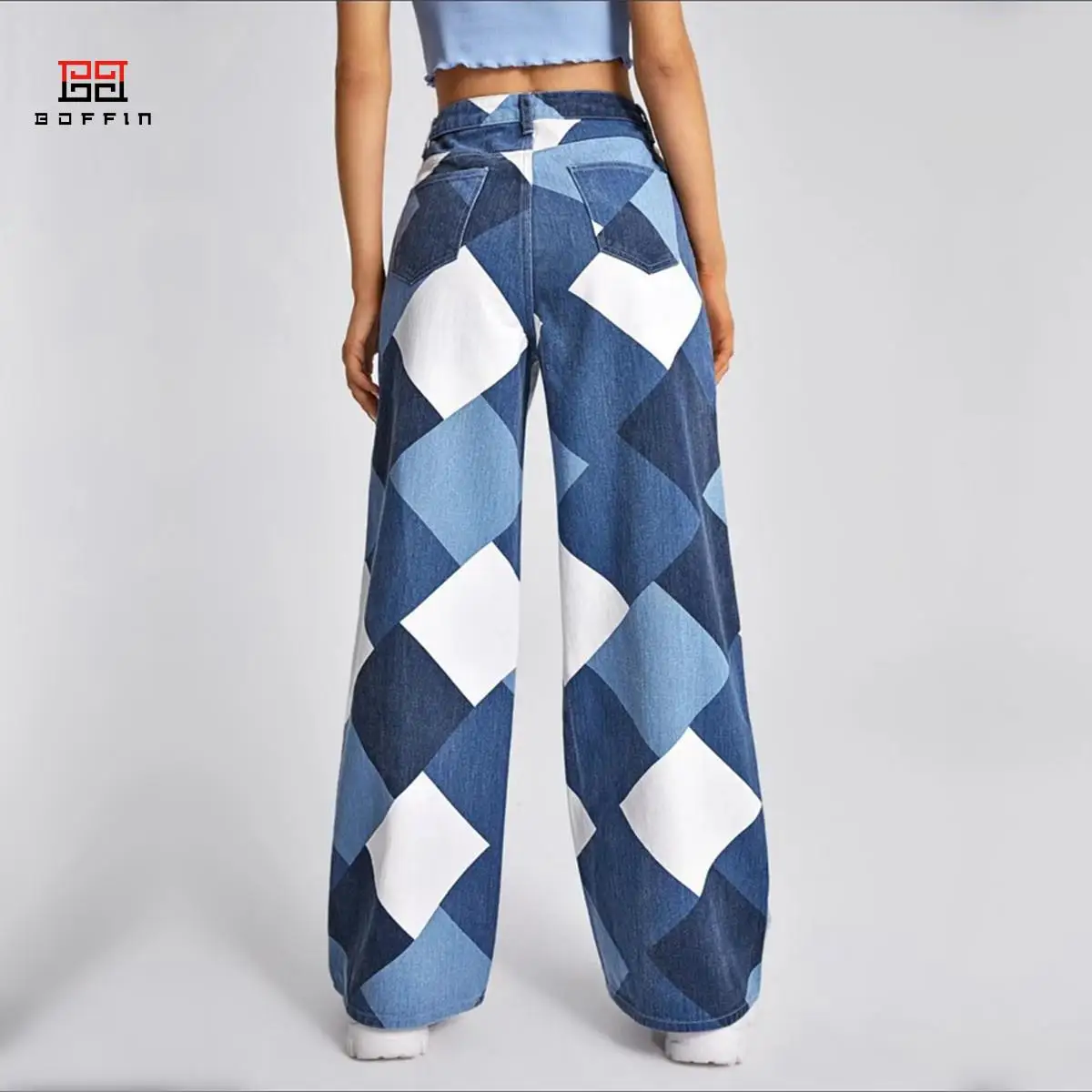 BOFFIN Women's Jeans 2023 Summer Streetwear Retro Fashion Wide Leg Jeans Blue Casual Patchwork Straight Cotton Denim Pants