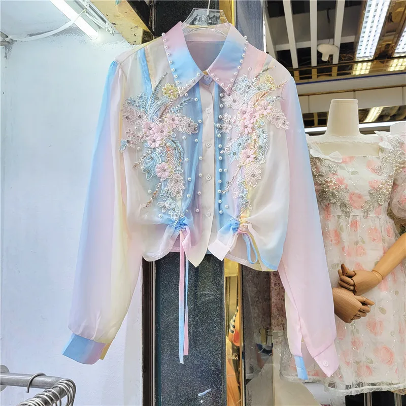 

2022 Summer Beaded Diamond Embroidered Flower Tie Dye Sun Protection Jacket Lapel Long Sleeve Single Breasted Sunscreen Outwear