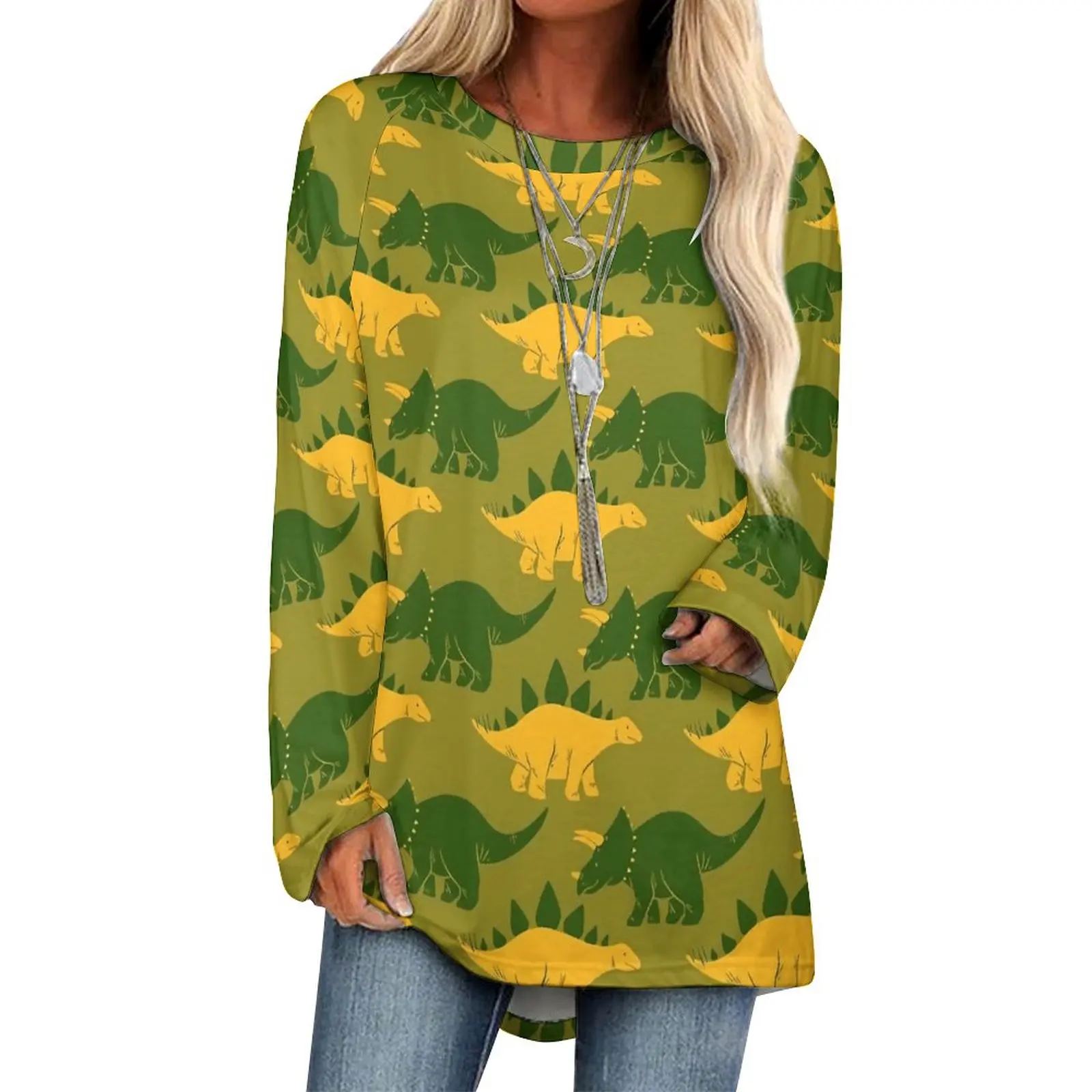 

Mosaic of Dinosaur T-Shirts Funny Animal Casual Long Sleeve T Shirt Pretty Design Tee Shirt Women Tops Big Size 3XL 4XL