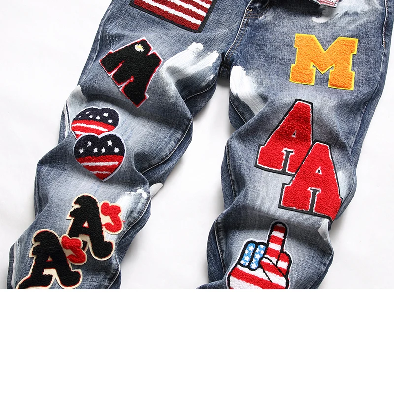 High Street Fashion Mens Jeans Letter Embroidery Designer Oil Paint Drawing Printed Jeans Men Punk Pants Skinny Hip Hop Jeans