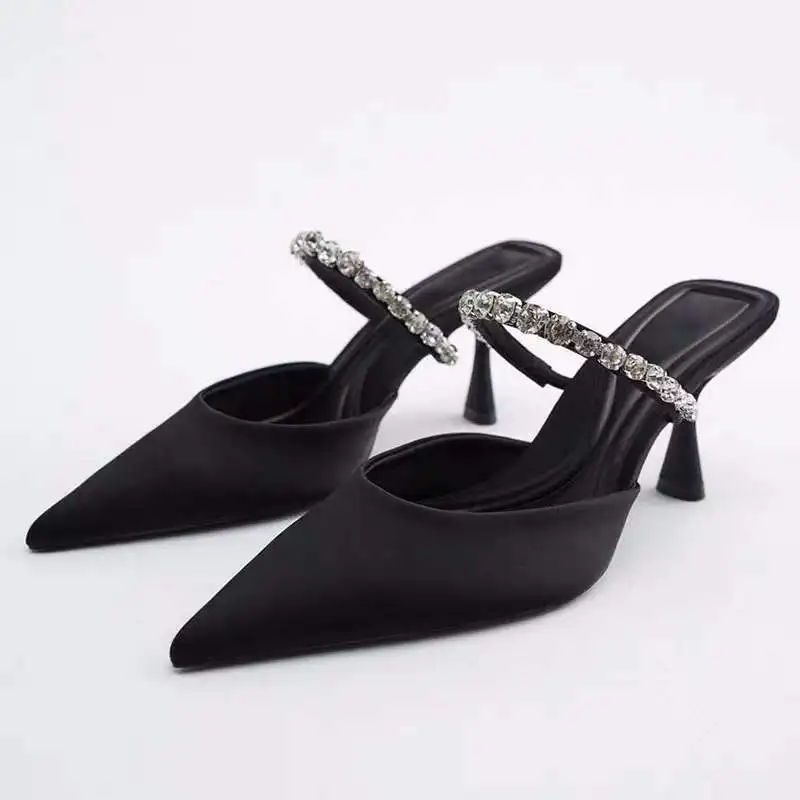 

ZARZ Summer Sandals Women 2022 Luxury Brand New Fashion Black Pointed High Heels Rhinestones Sexy Pumps Slippers Plus Size 41
