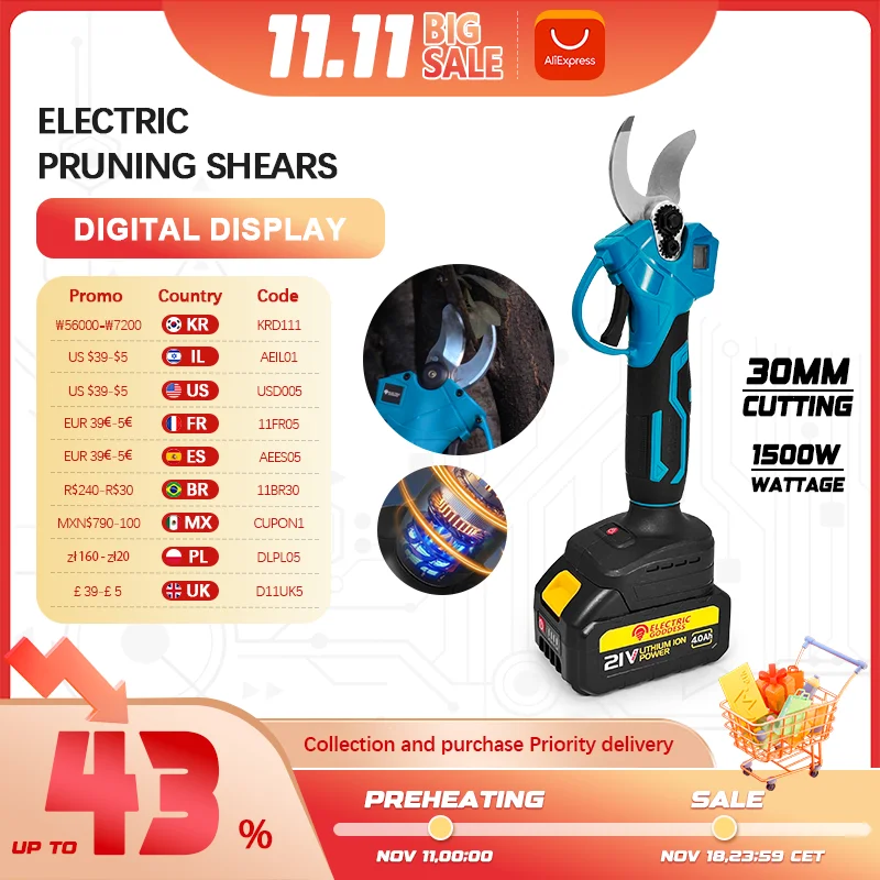 EGOD 1500 Вт Аккумуляторные садовые ножницы 30 мм для обрезки деревьев высокой