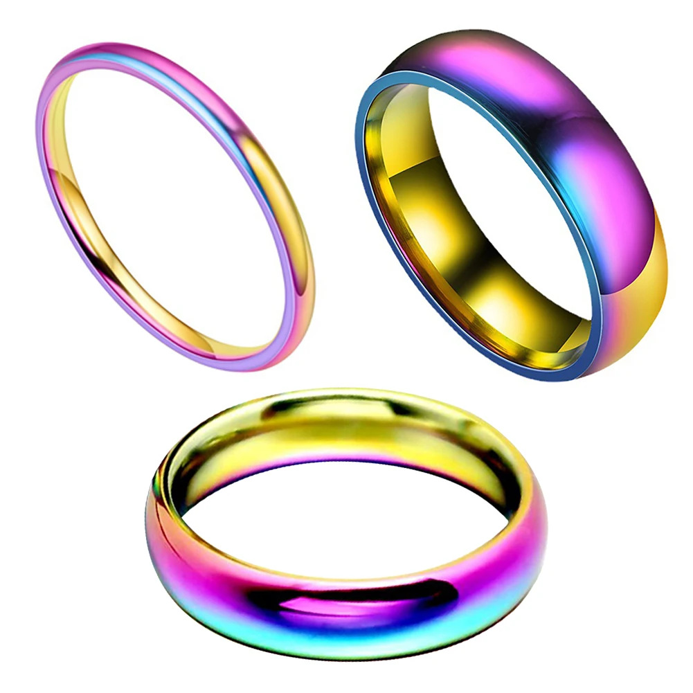 2/4/6mm Titanium Stainless Steel Ring Rainbow Colorful Casual Finger Jewelry Smooth Couple for Women Paw Printing |