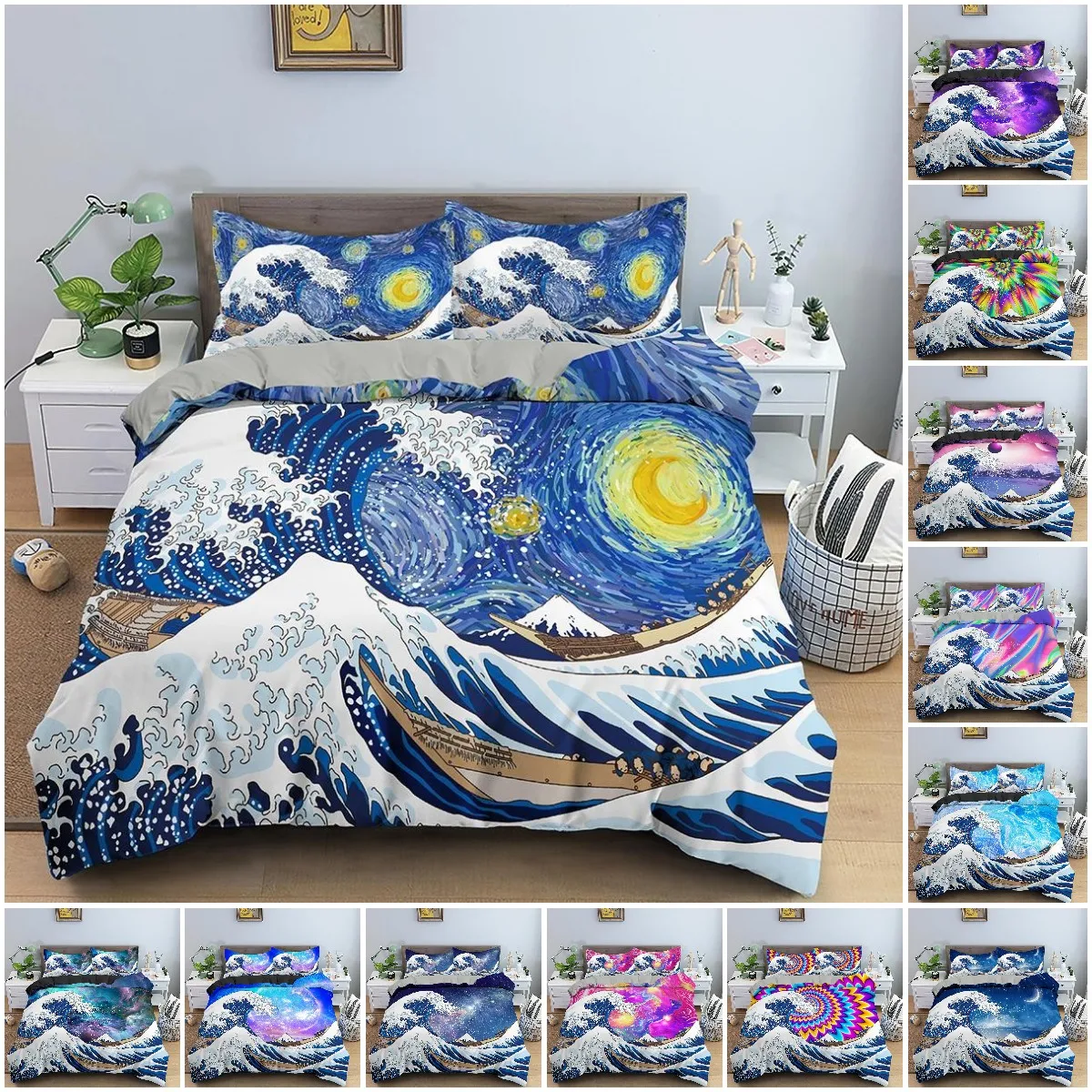 

Wave Duvet Cover Set for Kids Teens Adult King Size Abstract Blue Ocean Comforter Cover Waves Sailing Moon Pattern Bedding Set