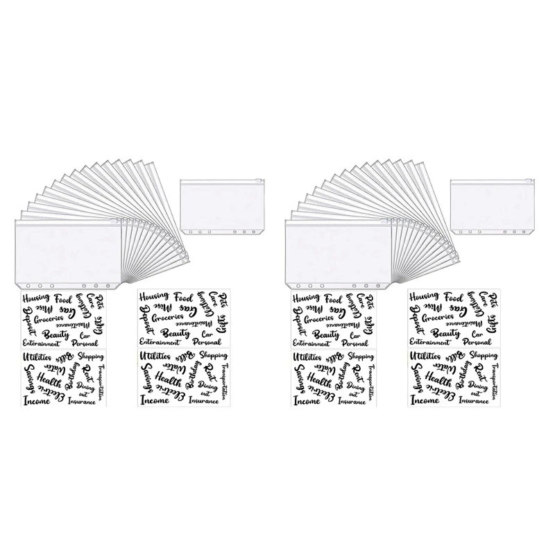 

NEW-48X A6 Binder Pockets Zipper Folders With Cash Envelope Labels Stickers Budget Envelopes Labels
